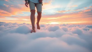 Person walking on clouds with joy and tranquility during a vibrant sunrise.