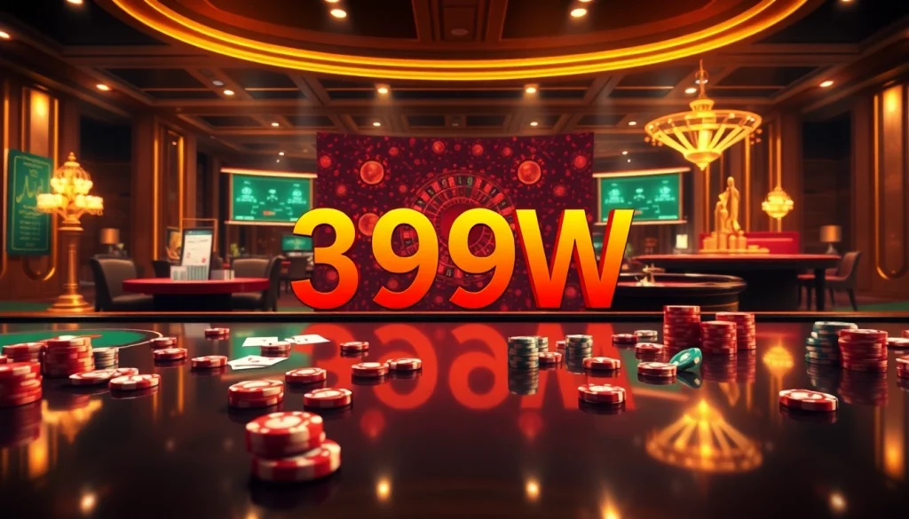 A dynamic online gambling scene showcasing 399W, featuring casino tables, cards, and chips.