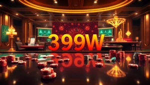 A dynamic online gambling scene showcasing 399W, featuring casino tables, cards, and chips.