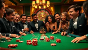 Engage with the thrilling atmosphere at BL555 casino, featuring poker chips and an illuminated roulette wheel.