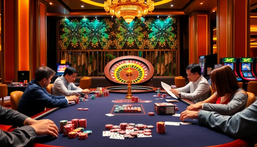 Players enjoying a thrilling poker game at 555win with vibrant casino elements.