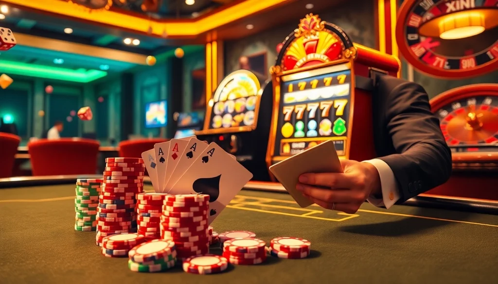 Experience the thrill of winning with XX88 at a stylish casino table with poker chips and vibrant slot machines.