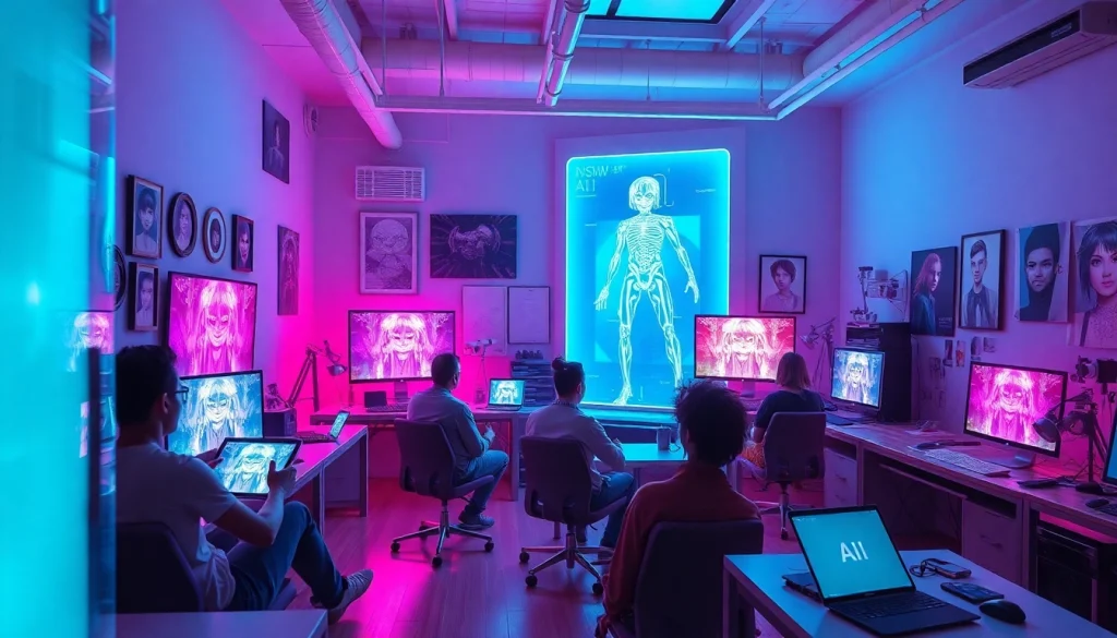 Creative team working on NSFW AI art in a futuristic digital studio