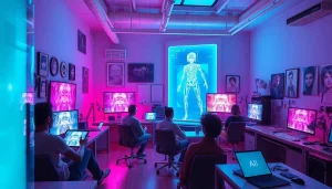 Creative team working on NSFW AI art in a futuristic digital studio