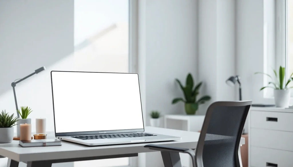 A clean white screen on a modern laptop in a bright office, emphasizing productivity and focus.