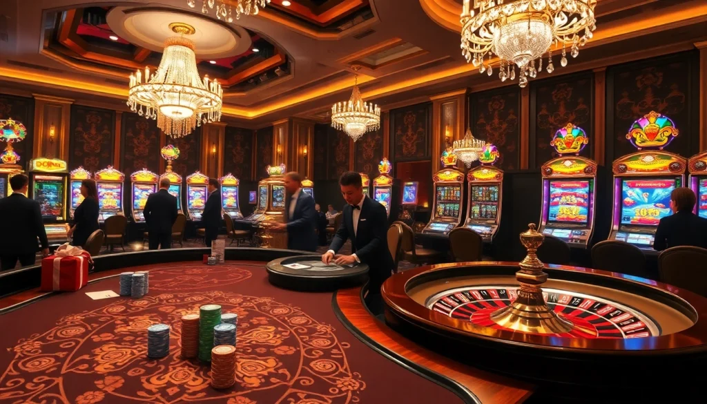 KJC casino scene featuring high-stakes poker with colorful chips, roulette wheel, and luxurious ambiance.