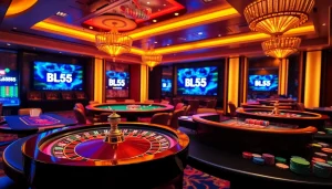 Experience the thrilling atmosphere of gambling at BL555 casino with slot machines and poker tables.