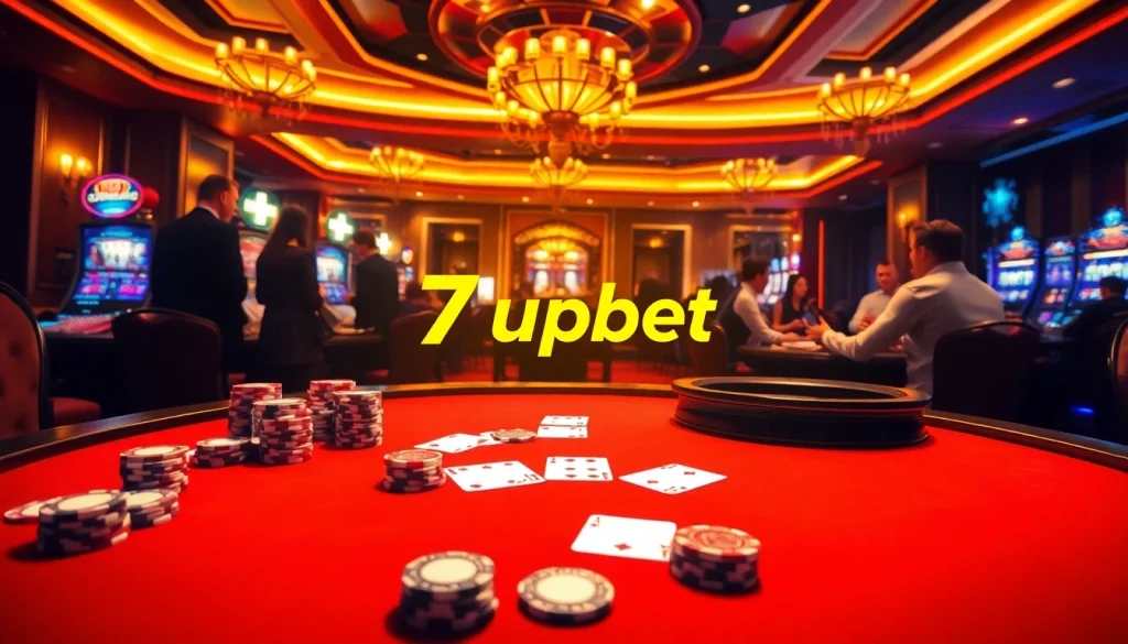 Experience the thrill of betting at 7upbet with a luxurious casino scene filled with cards and poker chips.