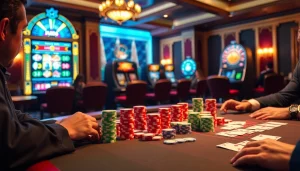 Experience the excitement of Five88.foo with vibrant poker chips and a lively casino atmosphere.