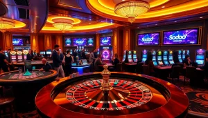 SODO casino scene showcasing players at a roulette table, emphasizing excitement and luxury in gambling.