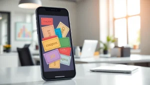 모바일쿠폰 다양한 혜택을 보여주는 스마트폰과 현대적 사무실 배경