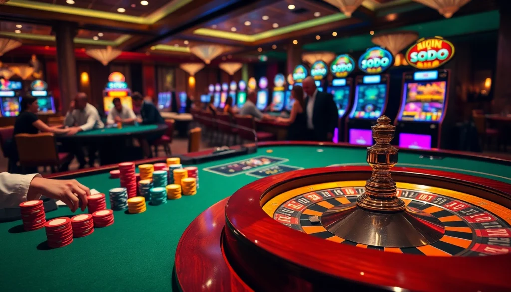 Excited players engaging in high-stakes gambling at SODO casino, featuring poker chips and cards.