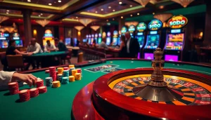 Excited players engaging in high-stakes gambling at SODO casino, featuring poker chips and cards.