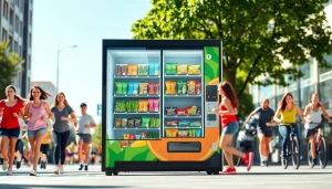 Healthy food vending machine featuring fresh salads and fruits in an urban setting.