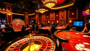 Experience NK88 at a luxurious casino with poker tables and roulette wheels.