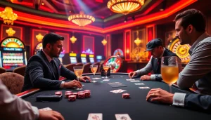 A group of players strategizing at a top club poker table, surrounded by casino excitement and luxury.