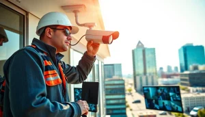 CCTV installer in Little Rock, AR, expertly installing security cameras at a commercial site.