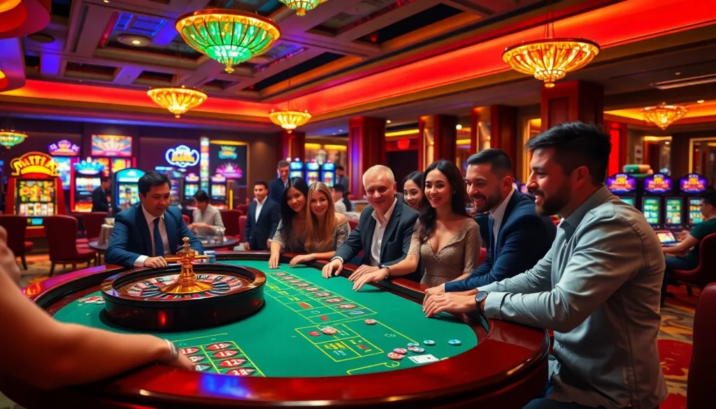 Engaged players enjoy the thrilling uu88 game at a luxurious casino table, surrounded by vibrant slot machines.