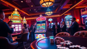 Pemain merayakan kemenangan di mesin slot Utama4D dalam suasana kasino kelas atas.