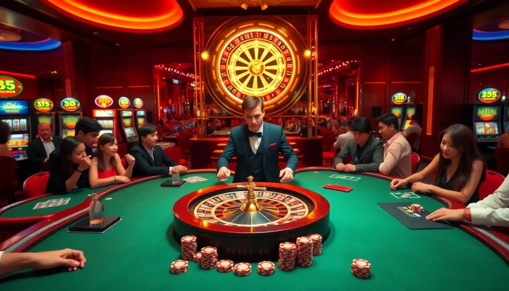 Players enjoy a captivating roulette game at 8xbet's luxurious casino atmosphere.