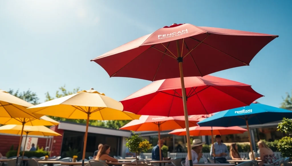 Spauda ant Skečių matoma ant ryškių lauko skėčių vasaros renginyje