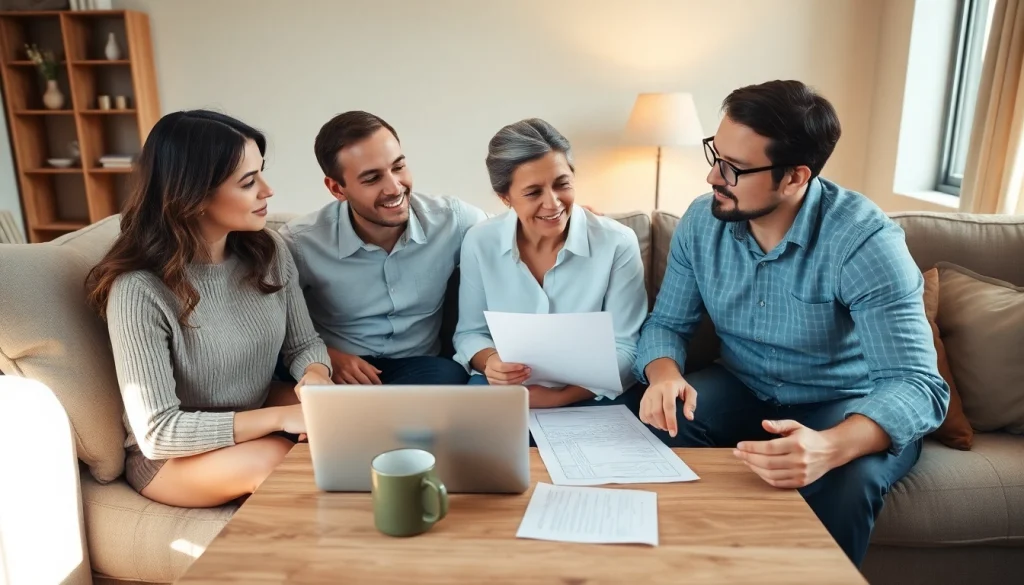 Understand auto and home protection plans with a family discussing their future in a cozy setting.