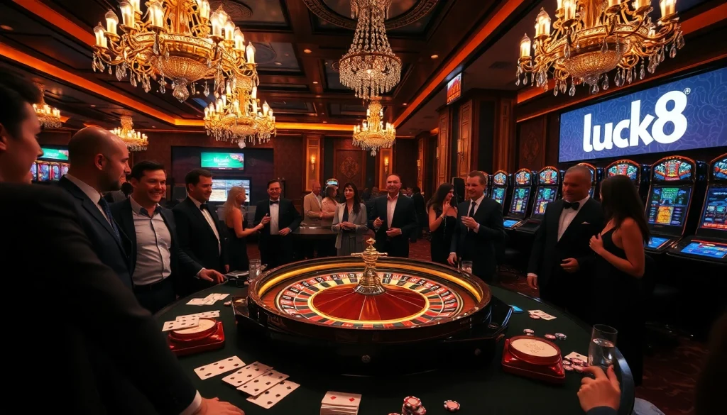 Players enjoying an exciting night at the casino table with luck8 theme.