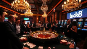 Players enjoying an exciting night at the casino table with luck8 theme.