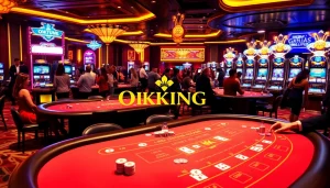 OKKING casino scene with vibrant gaming tables and professional gamblers enjoying the experience