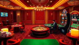 Gambling excitement with players at poker tables and a roulette wheel at https://tt88.de.com casino.