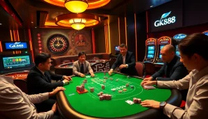 Engaging scene of a poker game at Gk88 casino showcasing excitement and luxury, with chips and a spinning roulette wheel.