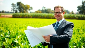 Legal consultation on agricultural law amidst thriving crops, capturing the essence of farm and law synergy.