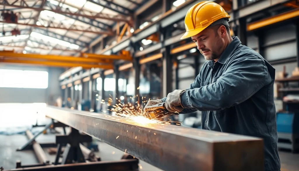 Demonstrating structural steel fabrication techniques by a skilled worker in an industrial workshop.