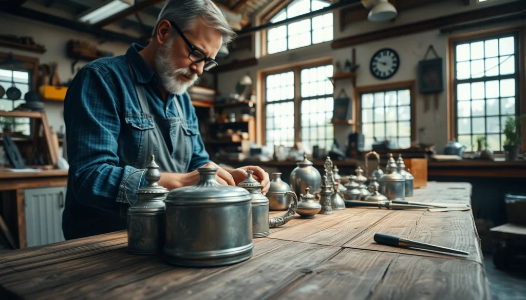 Zinn verkaufen: Handcrafted tin items displayed passionately in a workshop.