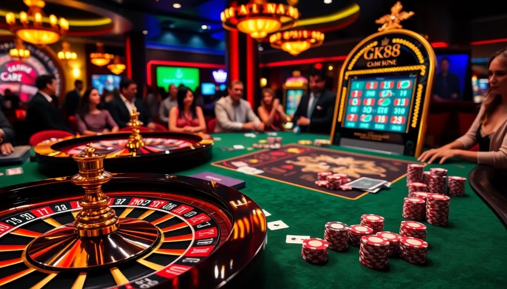 Experience the thrill of GK88 at a vibrant casino with roulette, poker chips, and exciting gameplay.