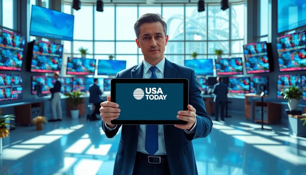 Capture the essence of USA Today journalism with a professional in a modern newsroom.