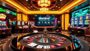 Table showcasing exciting poker action and vibrant gaming elements at Dominoqiu casino.