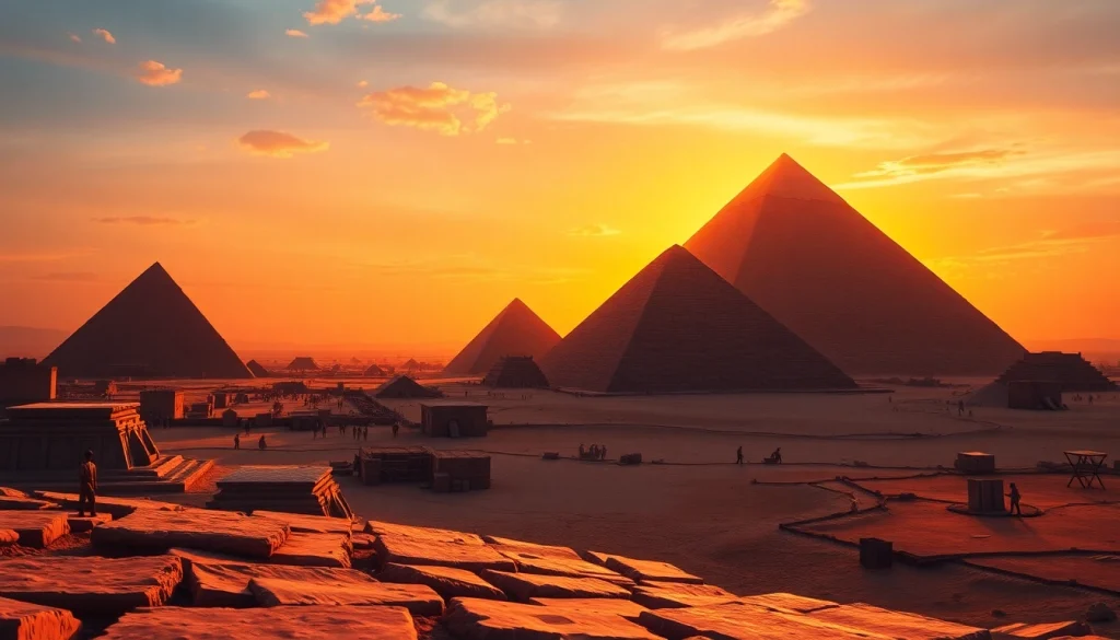 Pyraminds standing majestically in the golden light of the sunset with ancient Egypt bustling in the background.