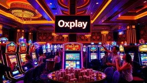 Players enjoying thrilling slot games at Oxplay casino with vibrant machines and excited atmosphere.