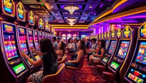 Experience thrilling gameplay at slot terpercaya machines with vibrant lights and joyful players.