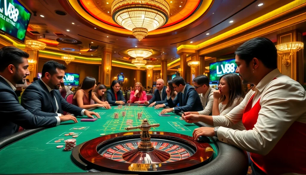 Experience thrilling gameplay at LV88, with players enjoying a vibrant casino atmosphere full of excitement.