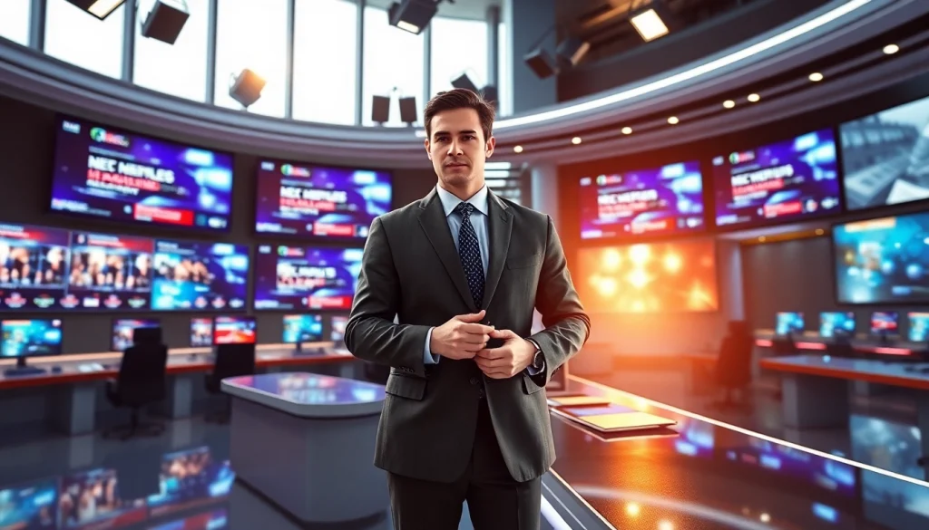 Reporter's desk in Usa Today newsroom showcasing current events and vibrant screens.
