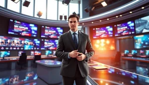 Reporter's desk in Usa Today newsroom showcasing current events and vibrant screens.