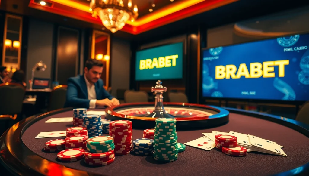 Players engaging with exciting games at BRABET casino, showcasing chips and cards.