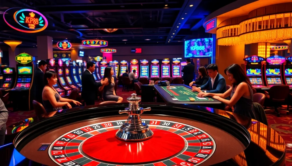 Players enjoying gambling at a sophisticated KP88 casino with roulette and slot machines.