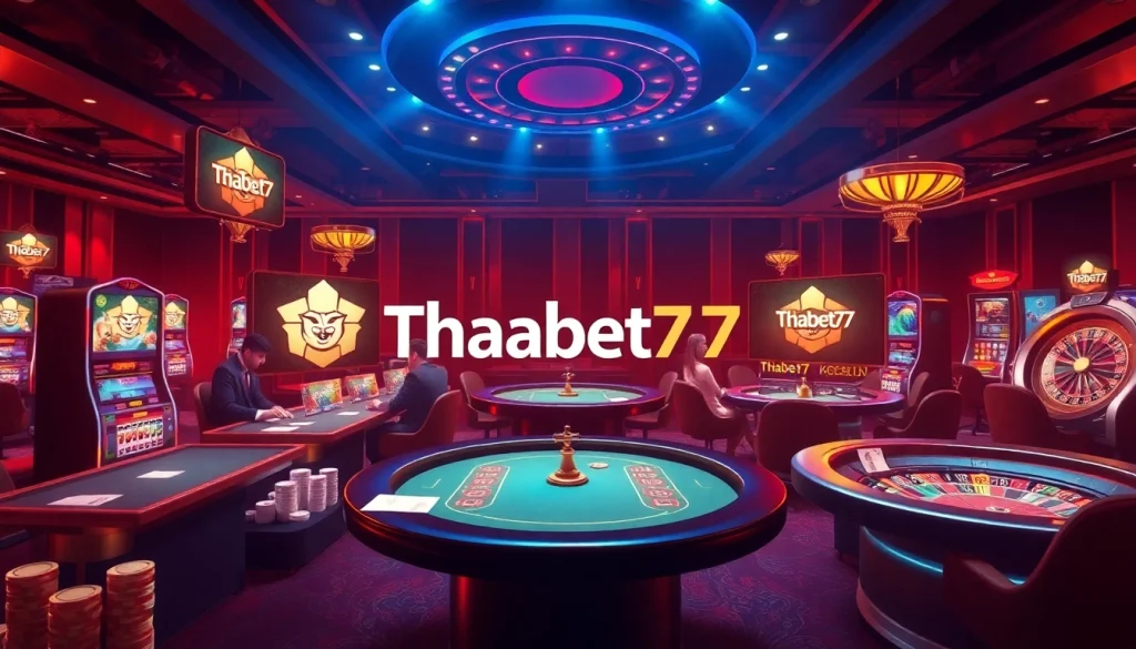 Experience thrilling gameplay at Thabet77 Casino with vibrant slot machines and poker action.