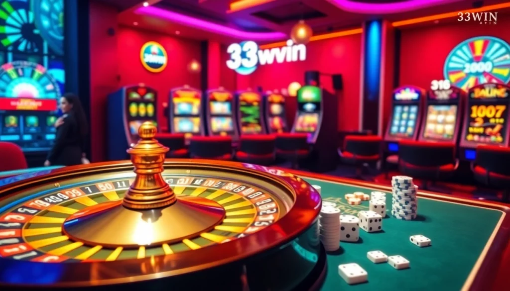 34win online casino scene displaying poker chips, roulette wheel, and luxurious gaming atmosphere.