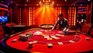 Tobet88 casino table showcasing an engaging poker setup, surrounded by vibrant gambling props.