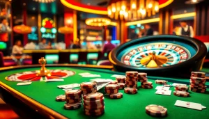 Engage in high-stakes excitement at https://uu88joli.com/ with vibrant casino scenes featuring gaming tables, chips, and roulette.