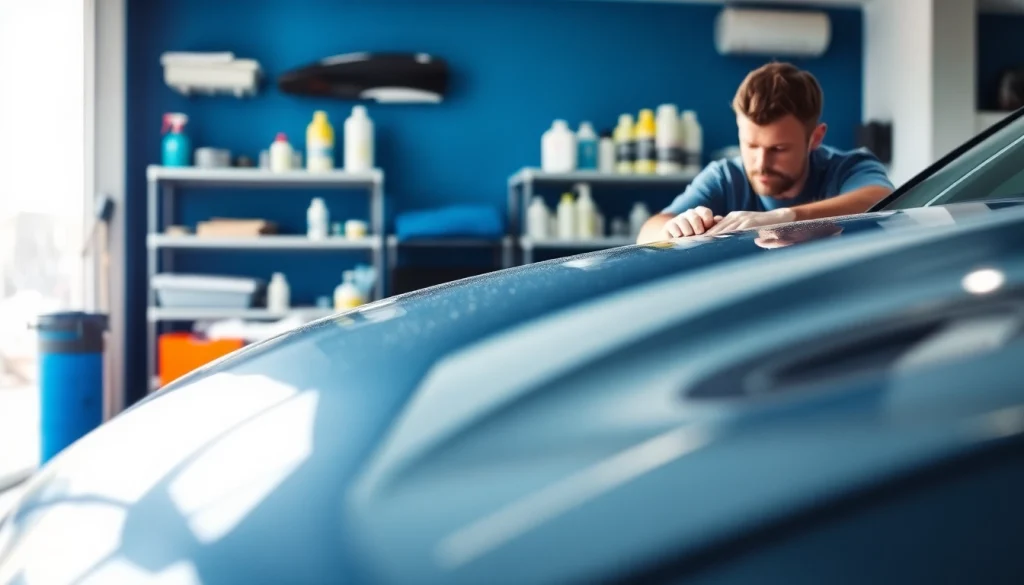 Car detailing Chattanooga with a skilled detailer applying wax in a bright, modern garage.